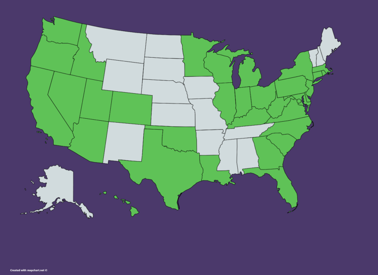 us map showing states where chase is available: Alabama, Arizona, California, Colorado, Connecticut, Delaware, Florida, Georgia, Hawaii, Idaho, Illinois, Indiana, Kansas, Kentucky, Louisiana, Maryland, Massachusetts, Michigan, Minnesota, Missouri, Nevada, New Jersey, New York, North Carolina, Ohio, Oklahoma, Oregon, Pennsylvania, Rhode Island, South Carolina, Texas, Utah, Virginia, Washington, Washington DC, West Virginia, Wisconsin